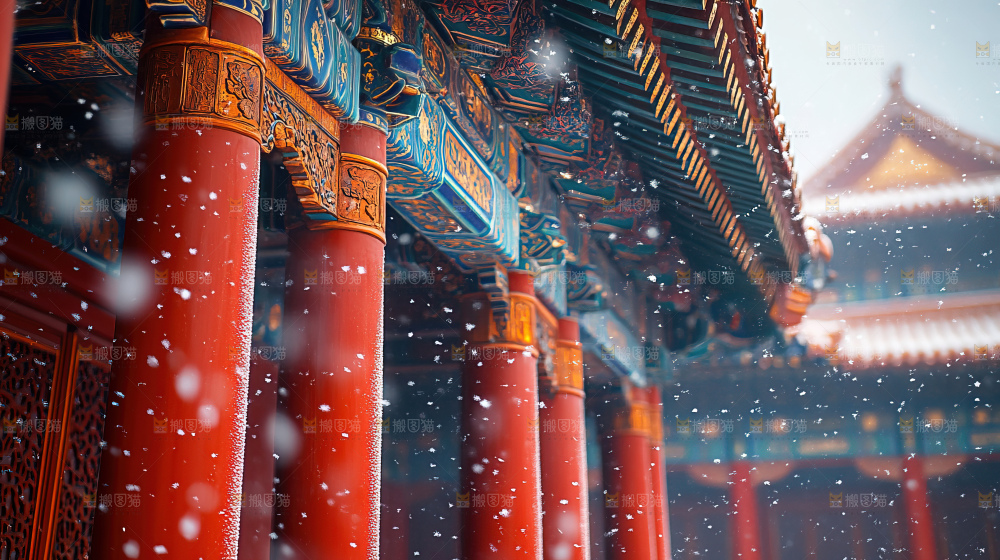 宫殿冬季飘雪新年传统建筑红墙