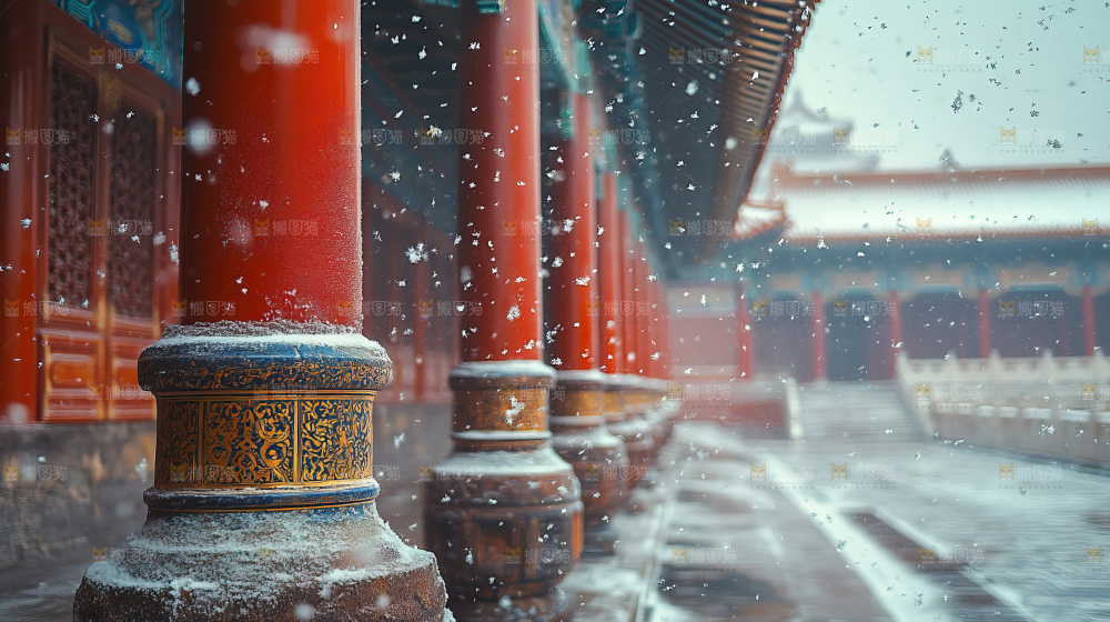 宫殿冬季飘雪新年传统建筑红墙