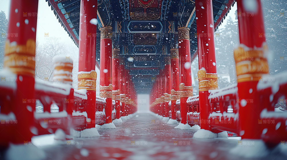 宫殿冬季飘雪新年传统建筑红墙