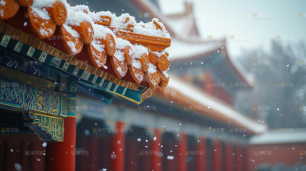 宫殿冬季飘雪新年传统建筑红墙