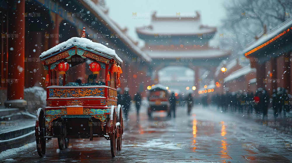 宫殿冬季飘雪新年传统建筑红墙