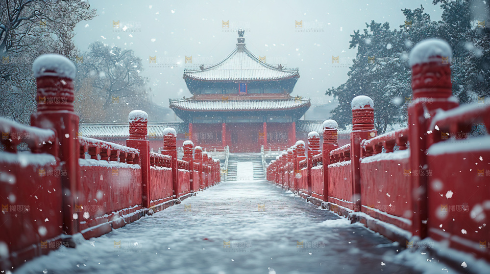 宫殿冬季飘雪新年传统建筑红墙