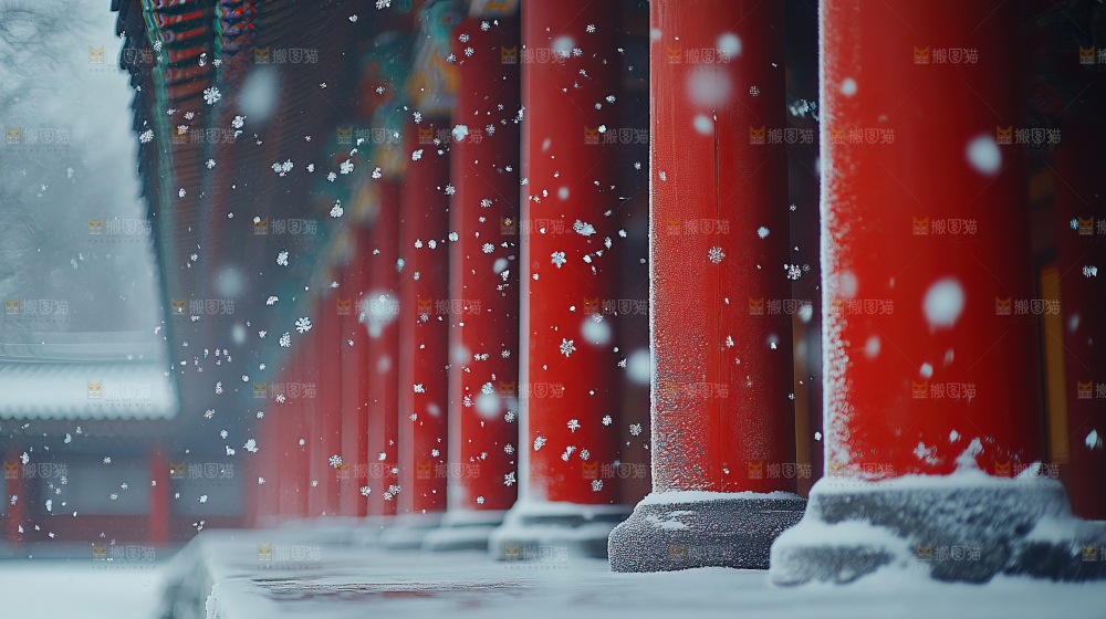 宫殿冬季飘雪新年传统建筑红墙