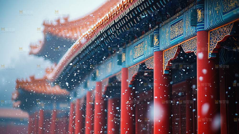 宫殿冬季飘雪新年传统建筑红墙
