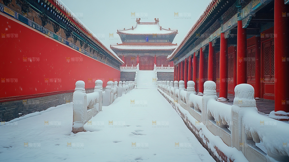 宫殿冬季飘雪新年传统建筑红墙