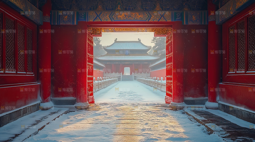 宫殿冬季飘雪新年传统建筑红墙
