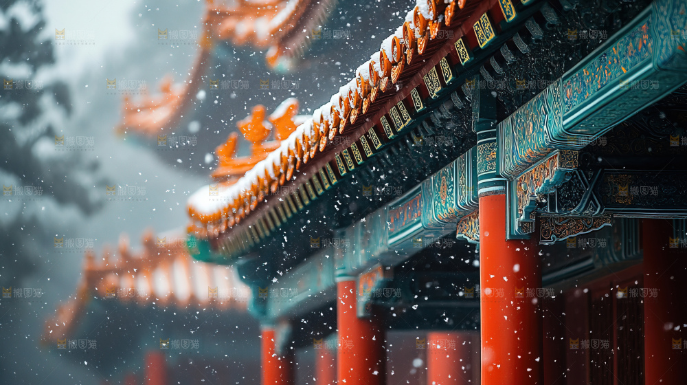 宫殿冬季飘雪新年传统建筑红墙